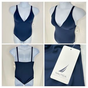 Nautica NWT Navy V-Neck One Piece Swimsuit Size‎ 12 Beach Resort Vacation $60